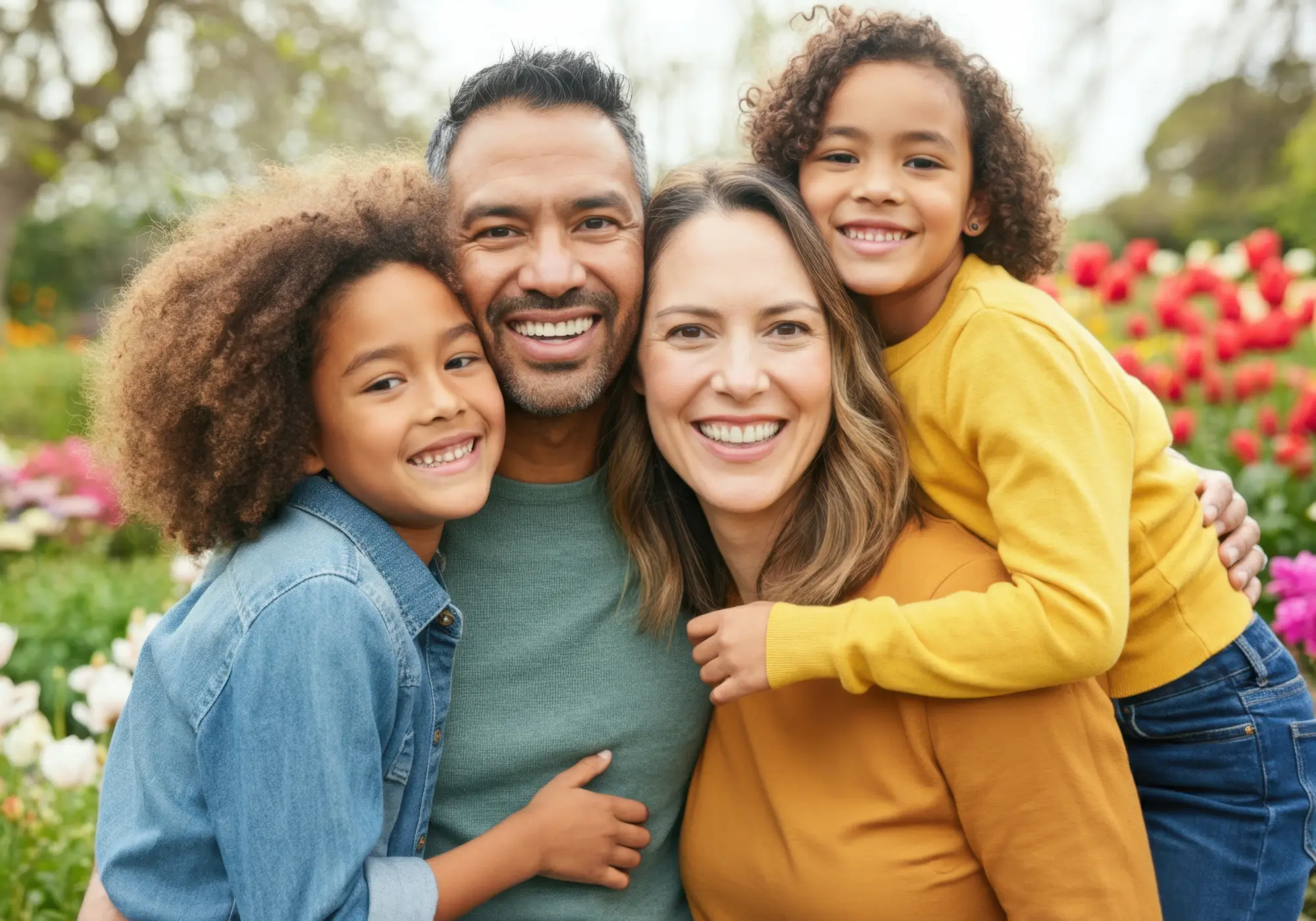 Smiling family posing together in a vibrant garden, enjoying quality time amidst colorful flowers
