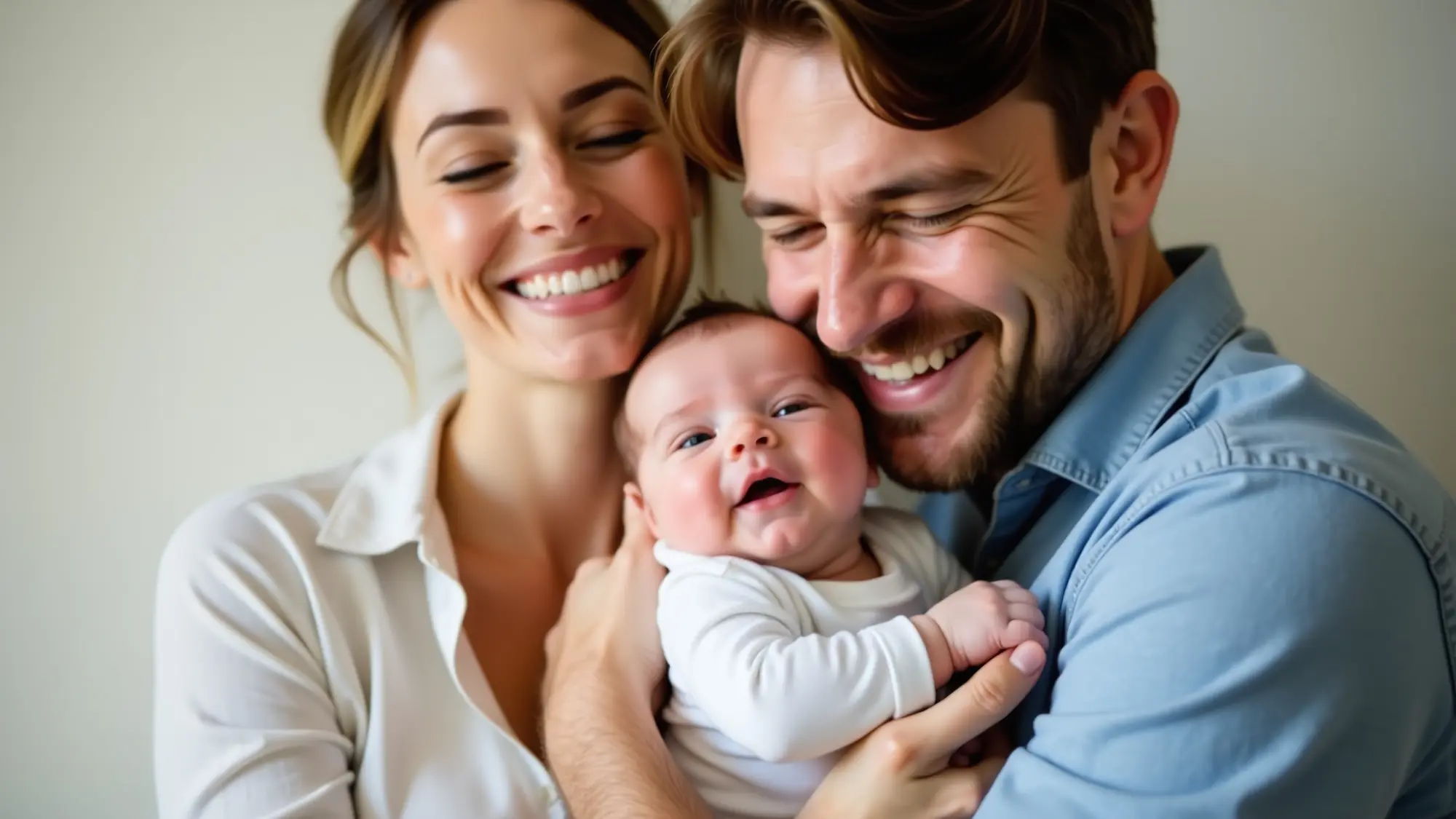 young couple warmly hugs new baby boy tightly joy love happy faces